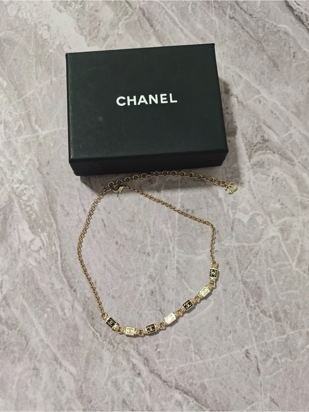 CHANEL Gold and Black Enamel Logo Link Necklace